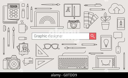 Graphic designer, illustrator and photographer banner with search bar and thin line tools and objects on a desktop Stock Vector