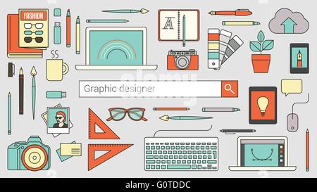 Graphic designer, illustrator and photographer banner with search bar and thin line tools and objects on a desktop Stock Vector