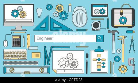 Mechanical engineer banner with search bar, thin line objects and work tools on a desktop Stock Vector