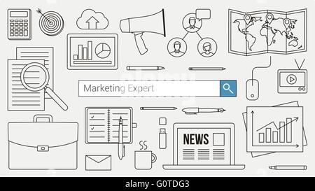 Marketing and accounting expert banner with search bar, thin line objects and work tools on a desktop Stock Vector