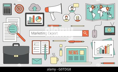 Marketing and accounting expert banner with search bar, thin line objects and work tools on a desktop Stock Vector