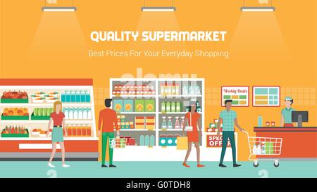People shopping at supermarket and buying products, freezer, shelves and checkout operator at work, grocery and consumerism Stock Vector