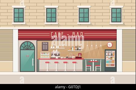 Coffee shop and snack bar interior view with counter, stools, table and freezer Stock Vector