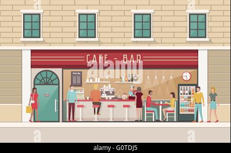 Coffee shop and snack bar interior view with counter, stools, table, customer and barkeeper Stock Vector