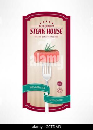 Beef meat vintage label with fork and succulent steak Stock Vector