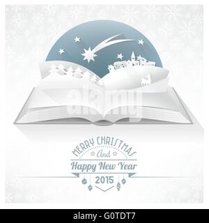 Christmas paper landscape on pop up book with stars, trees and village Stock Vector