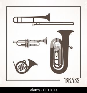 Classical musical brass instruments: trumpets, horn and trombone Stock Vector