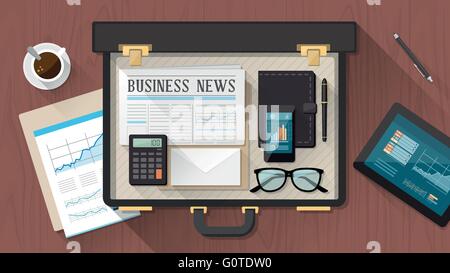 Businessman's briefcase on a wooden desktop with tablet, smartphone, financial report, newspaper and organizer Stock Vector