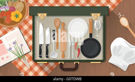Cooking and kitchen utensils in an open vintage suitcase on a checked tablecloth with chef's hat, cookbook and fresh vegetables Stock Vector