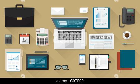 Businessman's desk with laptop, tablet smartphone and stationery Stock Vector