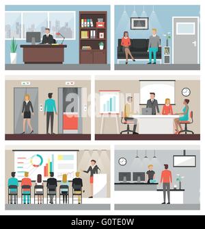 Business people working in the office and corporate building, conference room, reception, waiting room and elevators Stock Vector