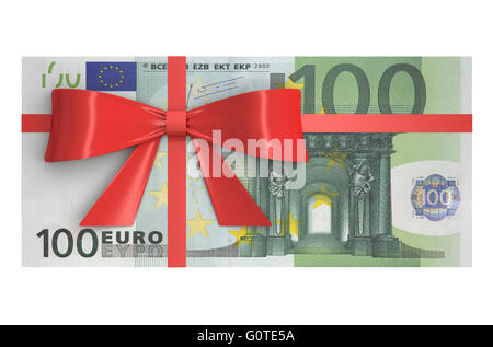 Wad of 100 Euro banknotes with red bow, gift concept. 3D rendering Stock Photo