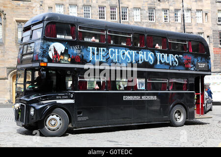 Black double decker Ghost Tours Bus in Edinburgh, Scotland, United Kingdom