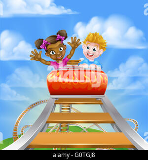 Cartoon boy and girl kids riding on a roller coaster ride at a theme park or amusement park Stock Photo