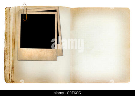 old revealed notebook with old photo isolated on white background Stock Photo