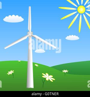 Wind turbine on sunny meadow. Vector EPS10 Stock Vector