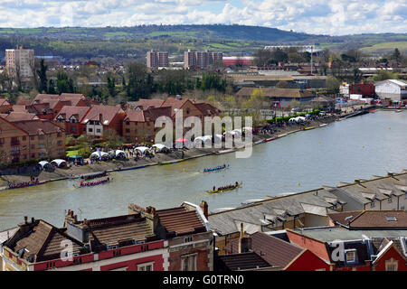 Looking down on Bristol City docks and harbour when a dragon boat race was underway, UK Stock Photo