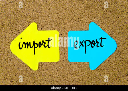 Conceptual message on yellow and blue paper notes as opposite arrows pinned on cork board with thumbtacks Stock Photo
