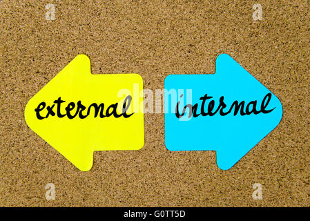 Conceptual message on yellow and blue paper notes as opposite arrows pinned on cork board with thumbtacks Stock Photo