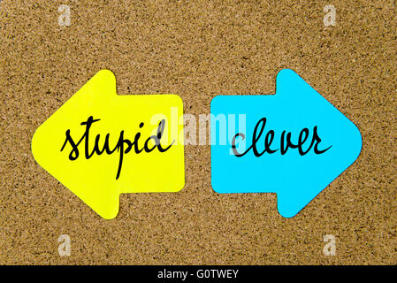 Conceptual message on yellow and blue paper notes as opposite arrows pinned on cork board with thumbtacks Stock Photo
