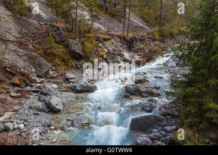 Creek in forest on the hiking path in Grisons, Switzerland Stock Photo