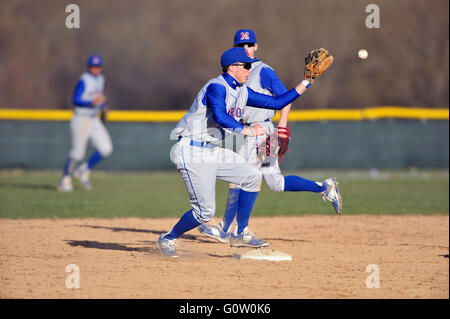 High school shortstop at second base accepting a throw before making a relay on a double-play attempt. USA. Stock Photo