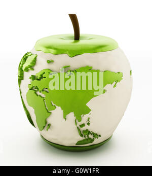 Earth map on half eaten green apple isolated on white background Stock Photo