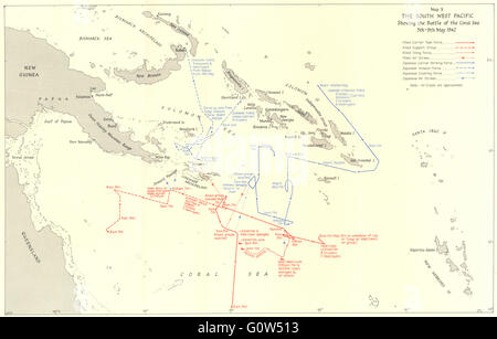 SOUTH WEST PACIFIC: Battle of the Coral Sea 5th-9th May 1942, 1956 vintage map Stock Photo