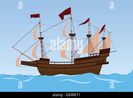 old ship sailing vector illustration on the sea Stock Vector