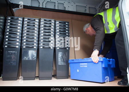 Edinburgh, Scotland UK. 4th May 2016. Ballot boxes to be used for voting in the Scottish Parliament Election are picking up by van from storage for delivery to Edinburgh’s polling places. Pako Mera/Alamy Live News. Stock Photo