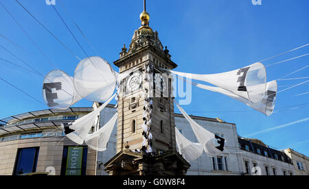 Brighton, UK. 4th May, 2016. Brighton clock towers has been decorated as the city prepares for the start of Brighton Festival and Fringe events which begin this coming weekend  Credit:  Simon Dack/Alamy Live News Stock Photo