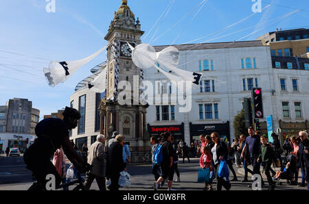 Brighton, UK. 4th May, 2016. Brighton clock towers has been decorated as the city prepares for the start of Brighton Festival and Fringe events which begin this coming weekend  Credit:  Simon Dack/Alamy Live News Stock Photo