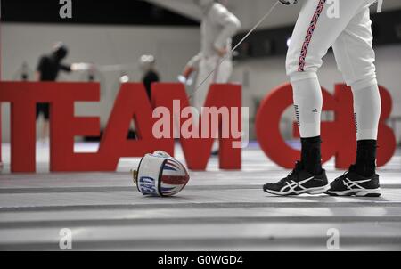 London, UK. 5th May, 2016. Training. TeamGB fencing athletes announced for the Rio2016 Olympic games. British Fencing Elite Training Centre. Leon Paul Fencing Centre. London. UK. 05/05/2016. Credit:  Sport In Pictures/Alamy Live News Stock Photo