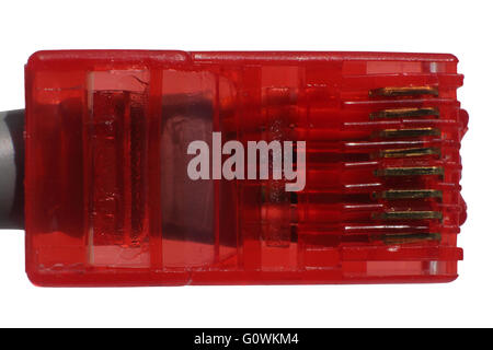 Red RJ-45  jack closeup photo isolated on white background Stock Photo