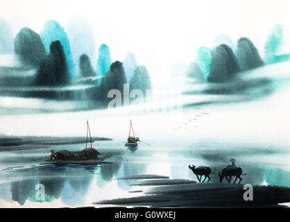 Chinese landscape watercolor painting Stock Photo