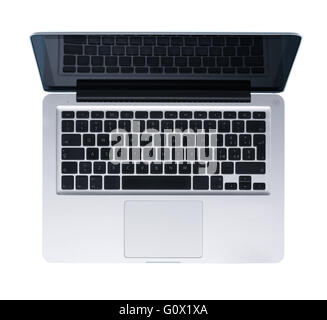 Modern metallic silver laptop isolated on white background, top view Stock Photo