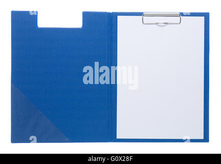 Blue clipboard with blank white sheet attached on white background Stock Photo