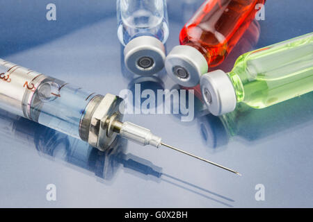 Diagnosis - Treatment and prevention. Medical Report with Composition of Medicaments - Vials, Injections and Syringe. Selective Stock Photo