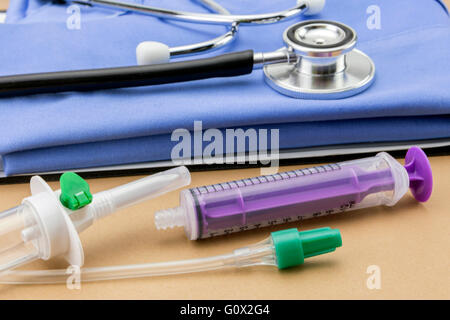 syringe to administer medication in enteral nutrition, administration of serum system Stock Photo
