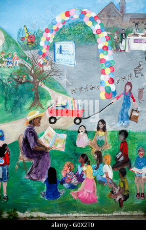Colorful graffiti on a wall, advertising a literary festival for children's books and writers Stock Photo