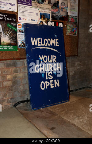 A 'welcome your church is open' sign at St Mary's Church in Kemptown, Brighton, East Sussex, UK. Stock Photo