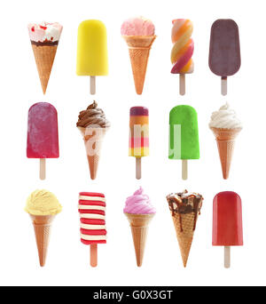 Various icecream, ice lollies and popsicles as a collection over a white background Stock Photo