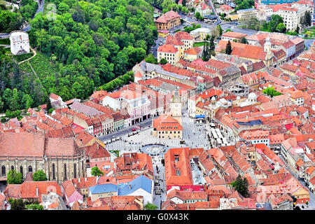 Aerial photo with Transylvania's Brasov medieval old town in springtime Stock Photo
