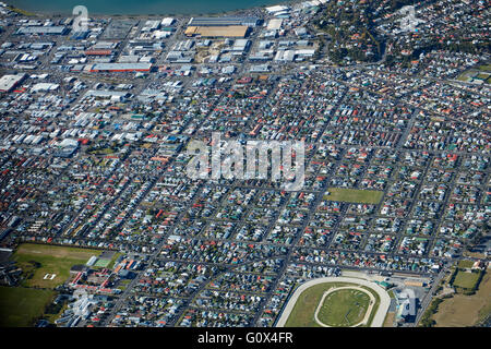 Forbury Park Raceway, Saint Kilda, South Dunedin, Otago, South Island, New Zealand - aerial Stock Photo