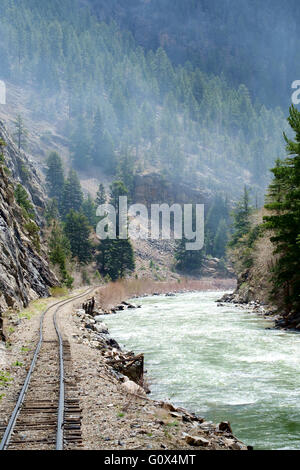 View of the Animas River Valley and rail track from Durango Silverton Narrow Gauge steam railway, Colorado, USA Stock Photo