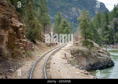 View of  Durango Silverton Narrow Gauge steam railway and Animas River valley, Colorado, USA Stock Photo