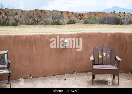 View over the famous Ghost Ranch landscape from the porch of Georgia O'Keeffe cottage, near Abiquiu, New Mexico Stock Photo