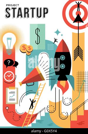 Business project startup concept design flat art outline style, trendy modern elements related to success in the work place. Stock Vector