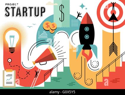 Project startup illustration in flat art line style with business elements, success at work concept. EPS10 vector. Stock Vector