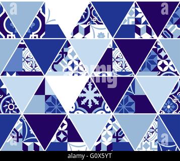 Blue indigo seamless pattern, geometric triangle mosaic tiles in classic Portuguese art style. EPS10 vector. Stock Vector